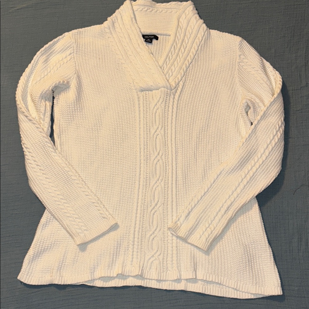 NAUTICA Women’s Cable Knit Sweater White Large Shawl Collar Preppy Fisherman